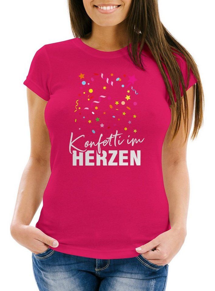 MoonWorks Print-Shirt Damen T-Shirt Fasching Karneval Konfetti im Herzen Kostüm-Ersatz Verkl mit Print von MoonWorks