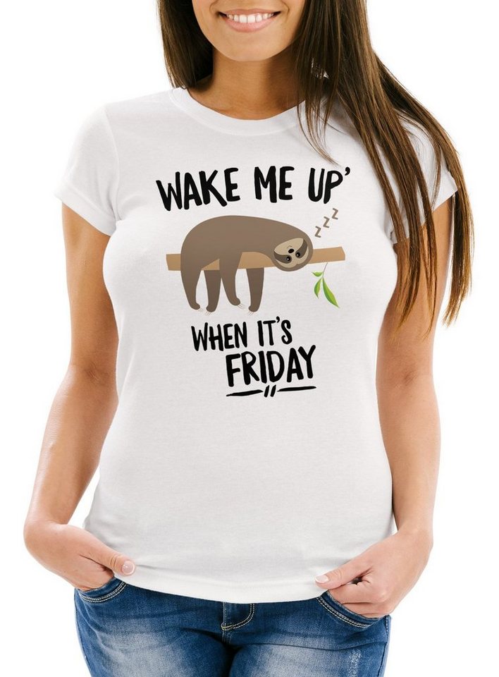 MoonWorks Print-Shirt Damen T-Shirt Faultier Sloth Wake me up when it's friday Slim Fit mit Print von MoonWorks