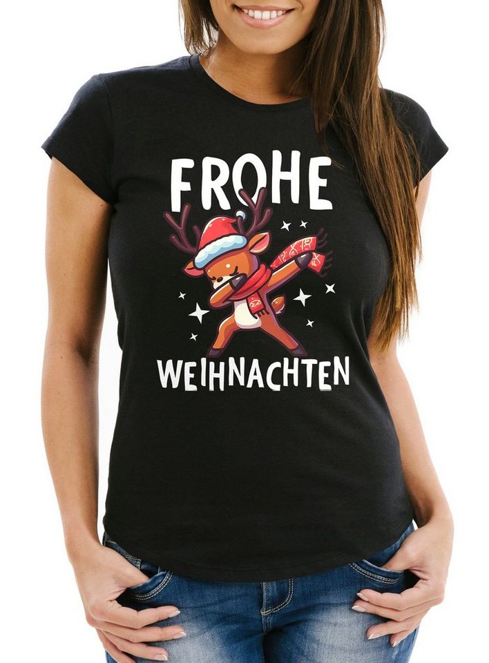 MoonWorks Print-Shirt Damen T-Shirt Frohe Weihnachten Lustig Weihnachtsshirt Dabbing Weihnac mit Print von MoonWorks