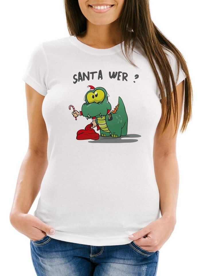 MoonWorks Print-Shirt Damen T-Shirt Fun Motiv Dinosaurier frisst Santa Claus Spruch Santa Wer? Weihnachtsmann Fun-Shirt Slim Fit Moonworks® mit Print von MoonWorks