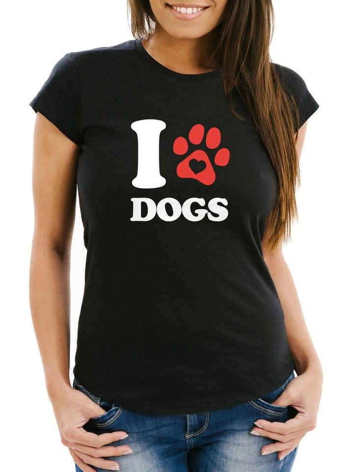 MoonWorks Print-Shirt Damen T-Shirt I love Dogs Hundespruch Motiv Hundepfote Abdruck Gassi Shirt Frauen Fun-Shirt lustig Moonworks® mit Print von MoonWorks