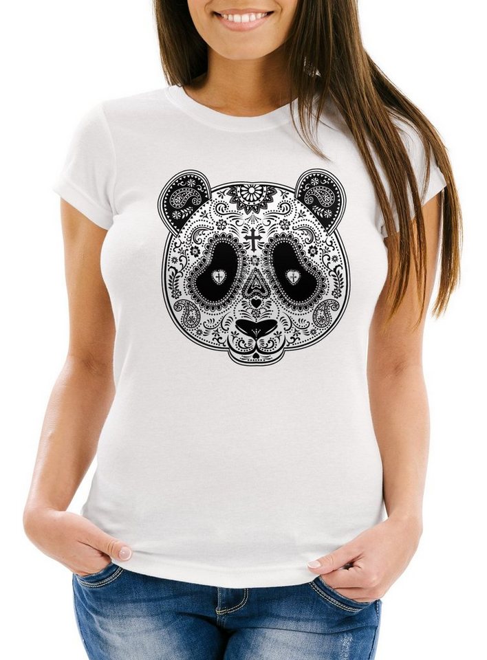 MoonWorks Print-Shirt Damen T-Shirt Panda Mask Paisley Muster Day of Dead Slim Fit mit Print von MoonWorks
