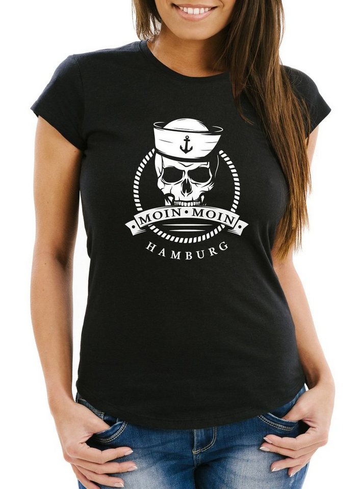 MoonWorks Print-Shirt Damen T-Shirt Totenkopf Matrose Anker Motiv Skull Emblem Schriftzug Moin Moin Hamburg Spruch Frauen Fun-Shirt Moonworks® mit Print von MoonWorks