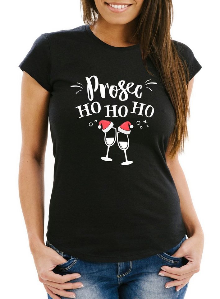 MoonWorks Print-Shirt Damen T-Shirt Weihnachten Lustig Prosecco HoHoHo Frauen Fun-Shirt mit Print von MoonWorks