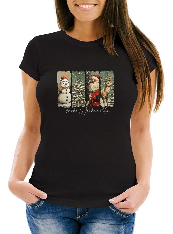 MoonWorks Print-Shirt Damen T-Shirt Weihnachten Retro Design mit Schneemann Tannenbaum mit Print von MoonWorks