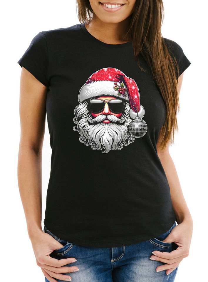MoonWorks Print-Shirt Damen T-Shirt Weihnachten Santa mit Sonnenbrille Cooll mit Print von MoonWorks