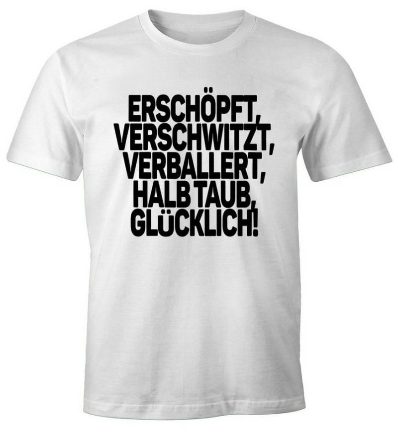 MoonWorks Print-Shirt Herren T-Shirt Spruch Erschöpft Verschwitzt Verballert Halbtaub Glücklich Fun-Shirt Party Festival Techno Rave Oberteil Moonworks® mit Print von MoonWorks