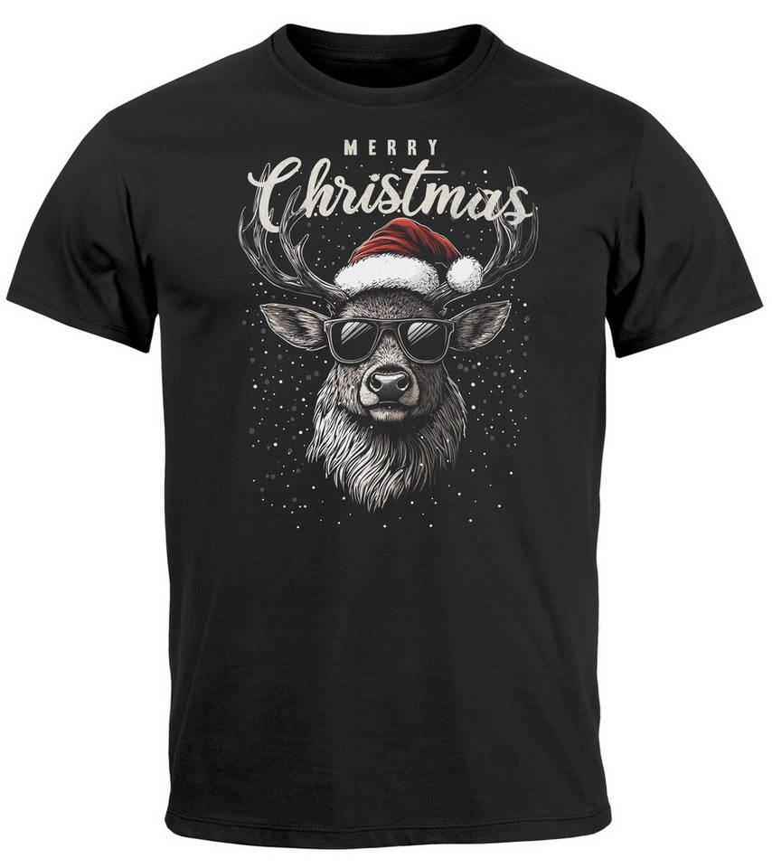 MoonWorks Print-Shirt Herren T-Shirt Weihnachten Rentier Hirsch mit Weihnachtsmütze mit Print von MoonWorks