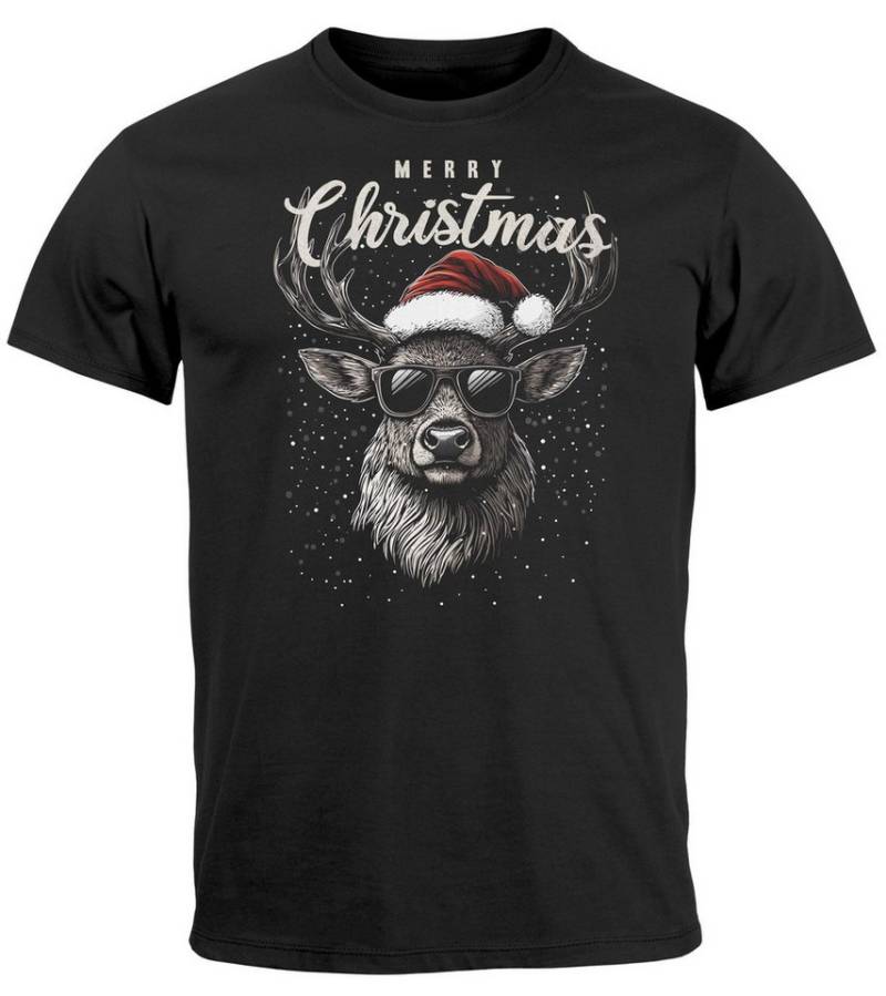 MoonWorks Print-Shirt Herren T-Shirt Weihnachten Rentier Hirsch mit Weihnachtsmütze mit Print von MoonWorks