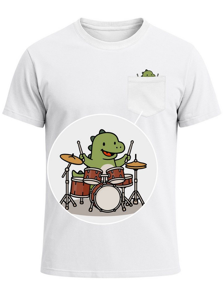 MoonWorks Print-Shirt Herren T-Shirt mit Brusttasche Dinosaurier Schlagzeug Fun-Shirt mit Print von MoonWorks