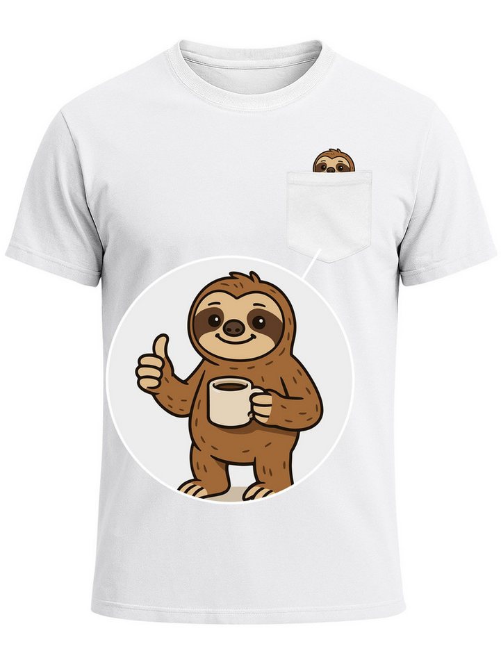 MoonWorks Print-Shirt Herren T-Shirt mit Brusttasche Fun-Shirt Brustprint Faultier Kaffee mit Print von MoonWorks