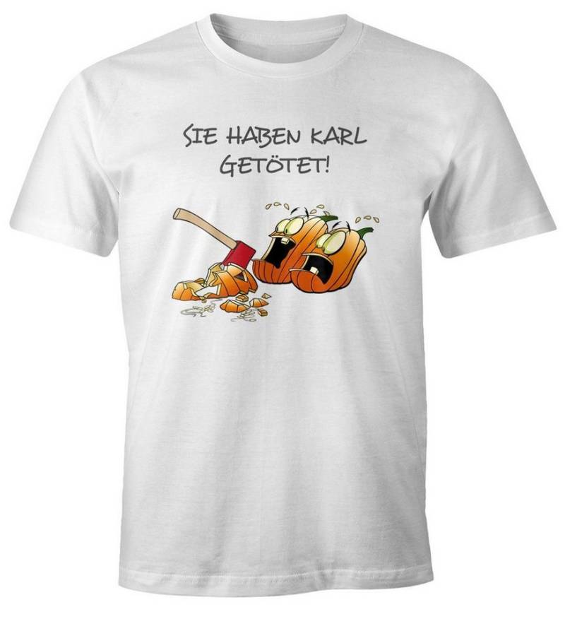 MoonWorks Print-Shirt Herren T-Shirt mit Spruch Motiv lustig sprechende Kürbisse Sie haben Karl getötet! Fun-Shirt Moonworks® mit Print von MoonWorks