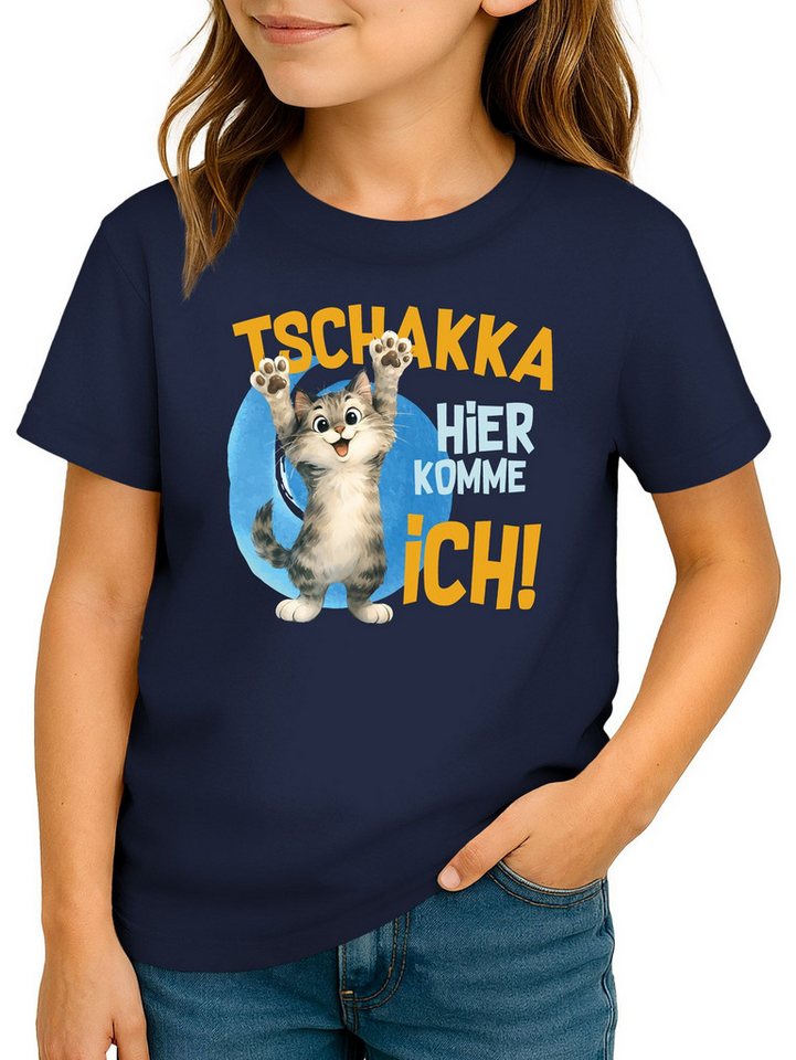 MoonWorks Print-Shirt Kinder T-Shirt Mädchen Aufdruck Katze Spruch lustig Tschakka hier von MoonWorks