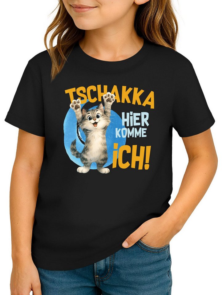 MoonWorks Print-Shirt Kinder T-Shirt Mädchen Aufdruck Katze Spruch lustig Tschakka hier von MoonWorks