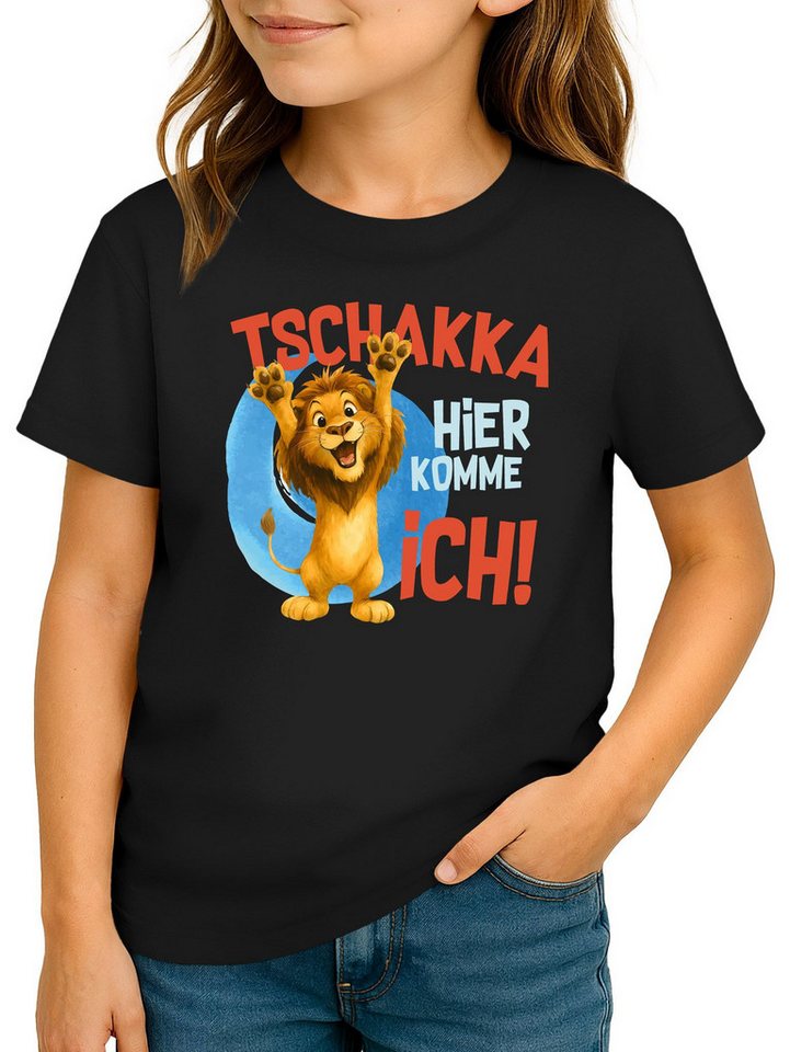 MoonWorks Print-Shirt Kinder T-Shirt Mädchen Aufdruck Löwe Spruch lustig Tschakka hier von MoonWorks