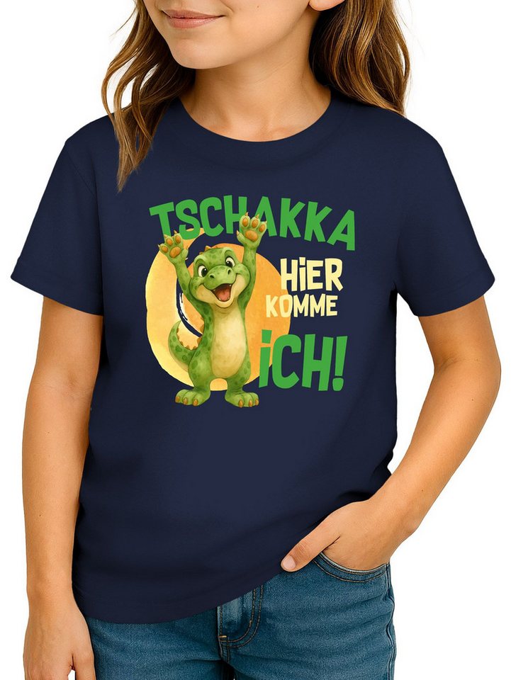 MoonWorks Print-Shirt Kinder T-Shirt Mädchen Comic-Dino Drache Spruch lustig Tschakka hier von MoonWorks