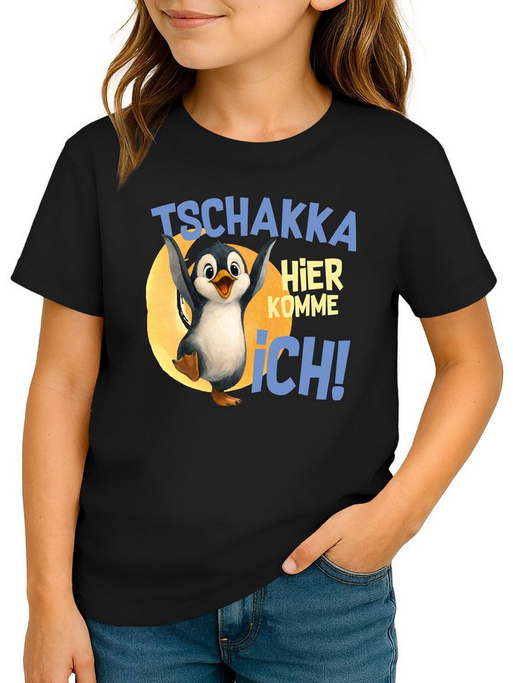 MoonWorks Print-Shirt Kinder T-Shirt Pinguin Print Aufdruck Spruch lustig Tschakka hier von MoonWorks