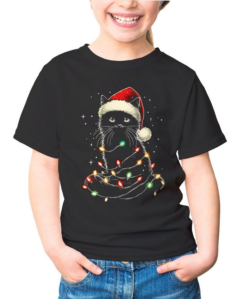 MoonWorks Print-Shirt Kinder T-Shirt Weihnachten Katze mit Weihnachtsmütze Lustig von MoonWorks