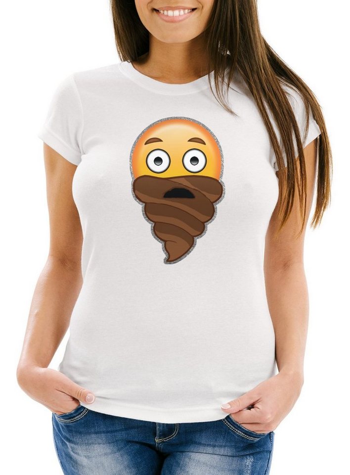 MoonWorks Print-Shirt Lustiges Damen Fun T-Shirt Emoticon Bart Kackhaufen Glitzer Slim Fit mit Print von MoonWorks