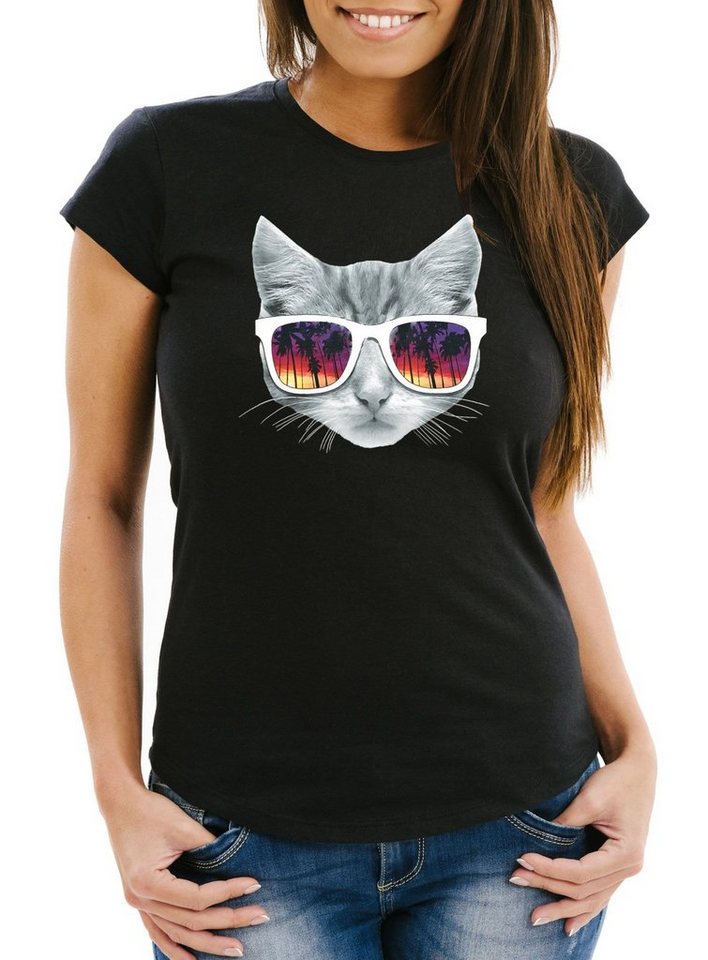 MoonWorks Print-Shirt Lustiges Damen T-Shirt Katze mit Sonnenbrille Slim Fit mit Print von MoonWorks