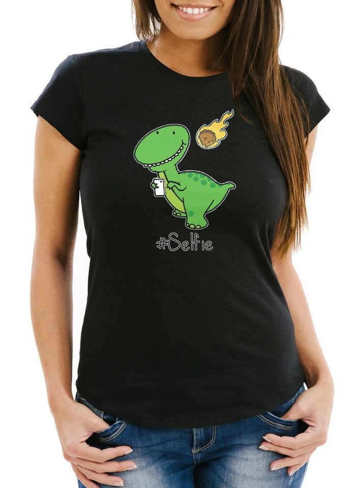 MoonWorks Print-Shirt Lustiges Damen T-Shirt mit Dinosaurier Dino Selfie Asteroid Glitter mit Print von MoonWorks