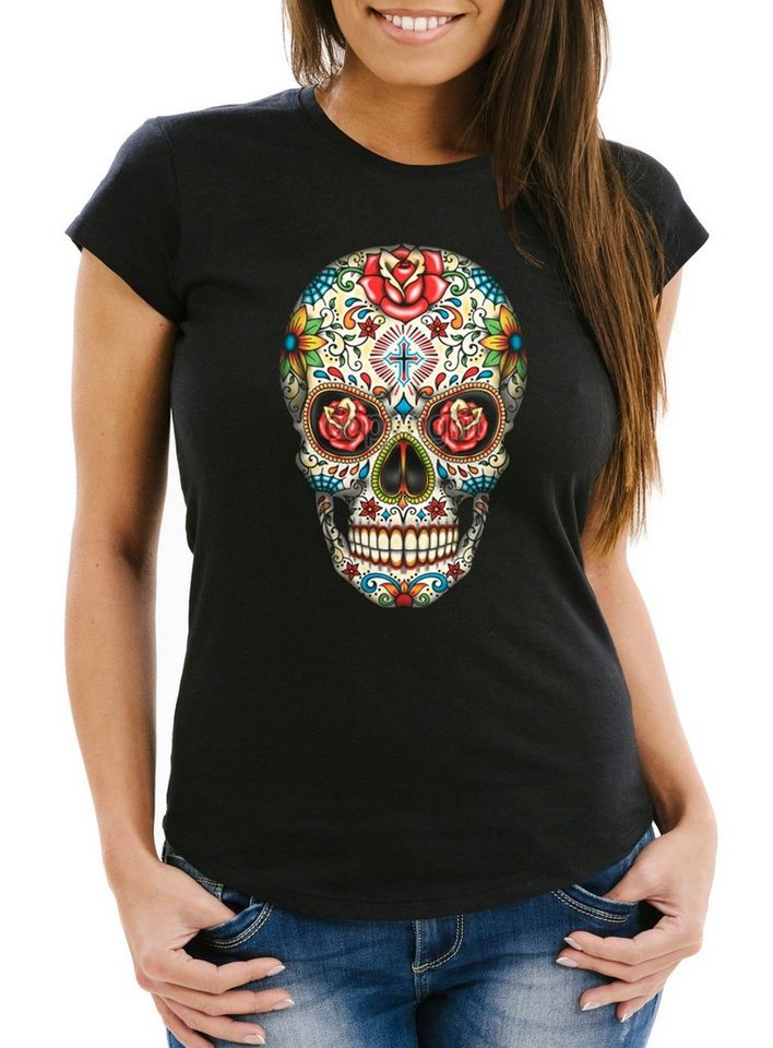 MoonWorks Print-Shirt Sugar Skull Damen T-Shirt with Roses Totenkopf mit Rosen Slim Fit Moonworks® mit Print von MoonWorks