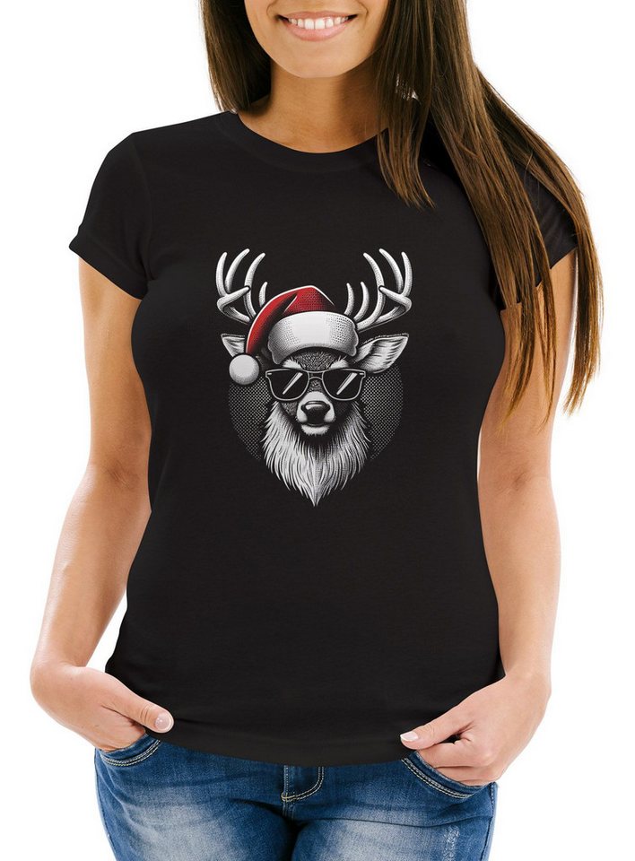 MoonWorks Print-Shirt Weihnachtsshirt Damen Hirsch Rentier T-Shirt Weihnachten Lustig mit Print von MoonWorks