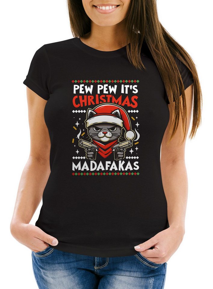 MoonWorks Print-Shirt Weihnachtsshirt Damen Spruch Pew Pew Madafakas T-Shirt Weihnachten mit Print von MoonWorks