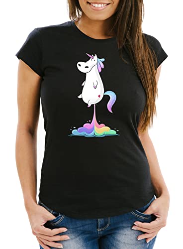 MoonWorks Pups Einhorn Damen T-Shirt Slim Fit schwarz L von MoonWorks