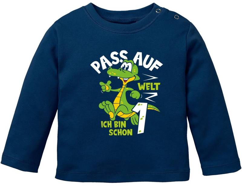 MoonWorks Rundhalsshirt Baby Langarm-Shirt 1. Geburtstag Krokodil Drache Pass auf Welt bin von MoonWorks