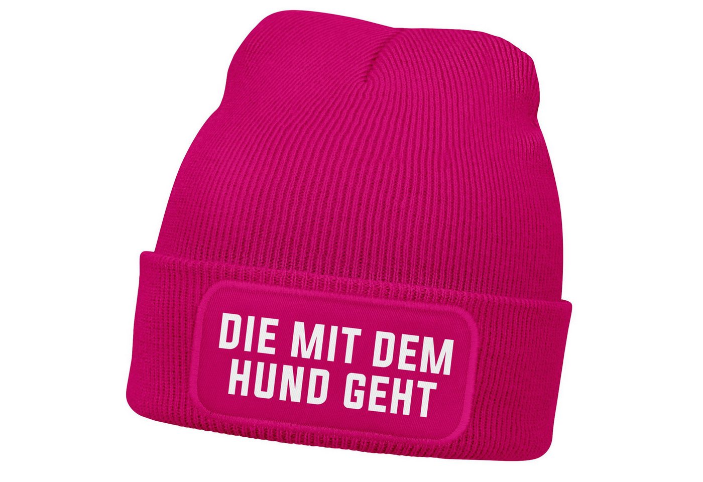 MoonWorks Strickmütze Damen Beanie Strickmütze mit Patch Spruch Die mit dem Hund geht von MoonWorks