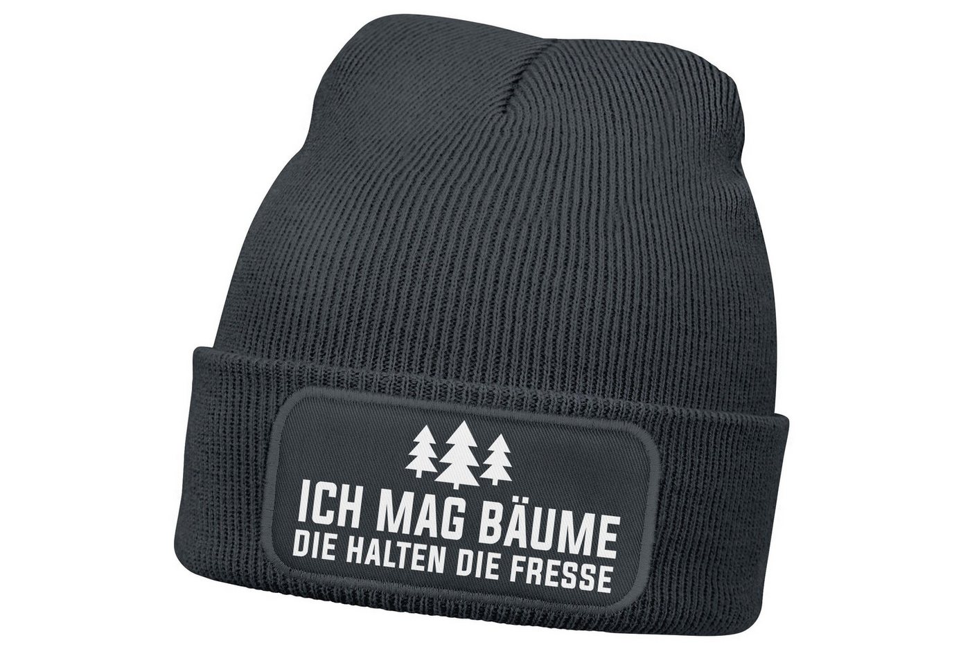 MoonWorks Strickmütze Damen Beanie Strickmütze mit Patch Spruch Ich mag Bäume Aufdruck von MoonWorks