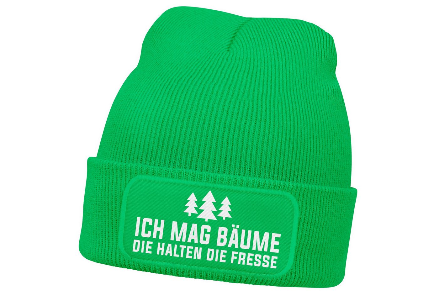 MoonWorks Strickmütze Damen Beanie Strickmütze mit Patch Spruch Ich mag Bäume Aufdruck von MoonWorks