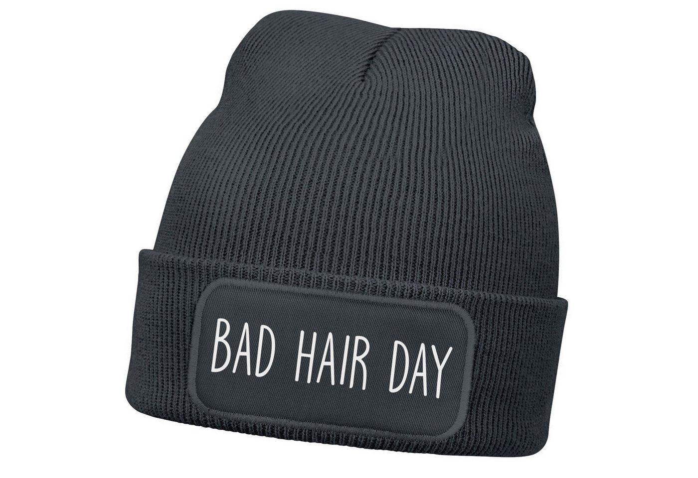 MoonWorks Strickmütze Damen Beanie mit Patch Bad Hair Day Haare Strickmütze mit Spruch von MoonWorks