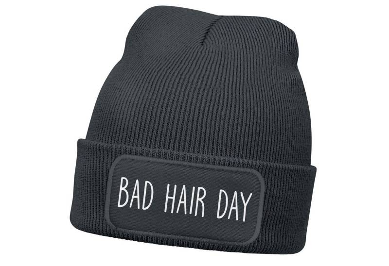 MoonWorks Strickmütze Damen Beanie mit Patch Bad Hair Day Haare Strickmütze mit Spruch von MoonWorks