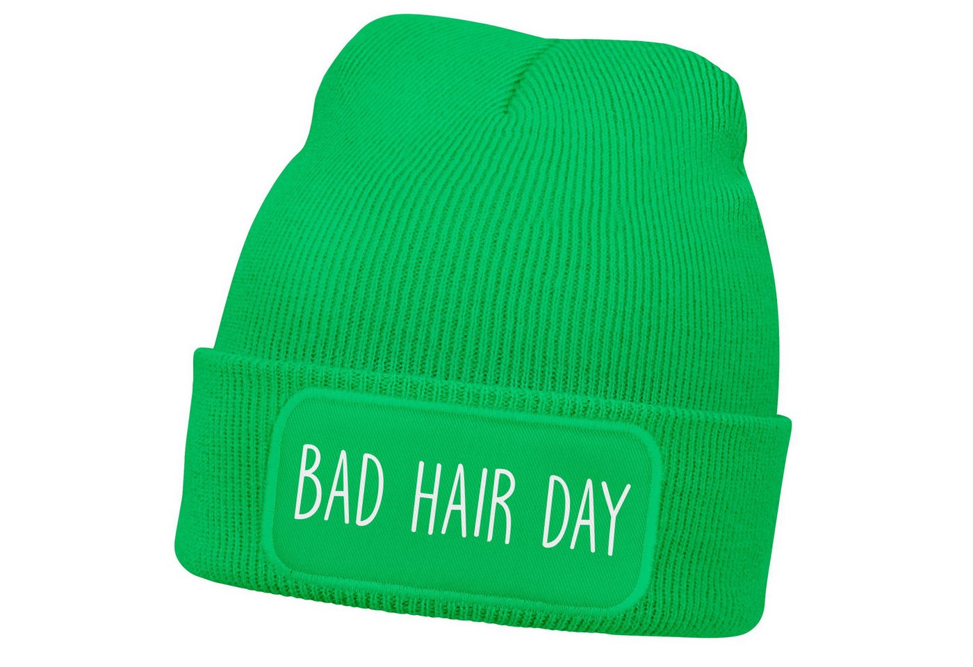 MoonWorks Strickmütze Damen Beanie mit Patch Bad Hair Day Haare Strickmütze mit Spruch von MoonWorks