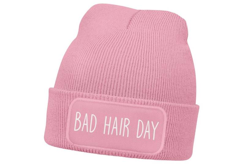 MoonWorks Strickmütze Damen Beanie mit Patch Bad Hair Day Haare Strickmütze mit Spruch von MoonWorks
