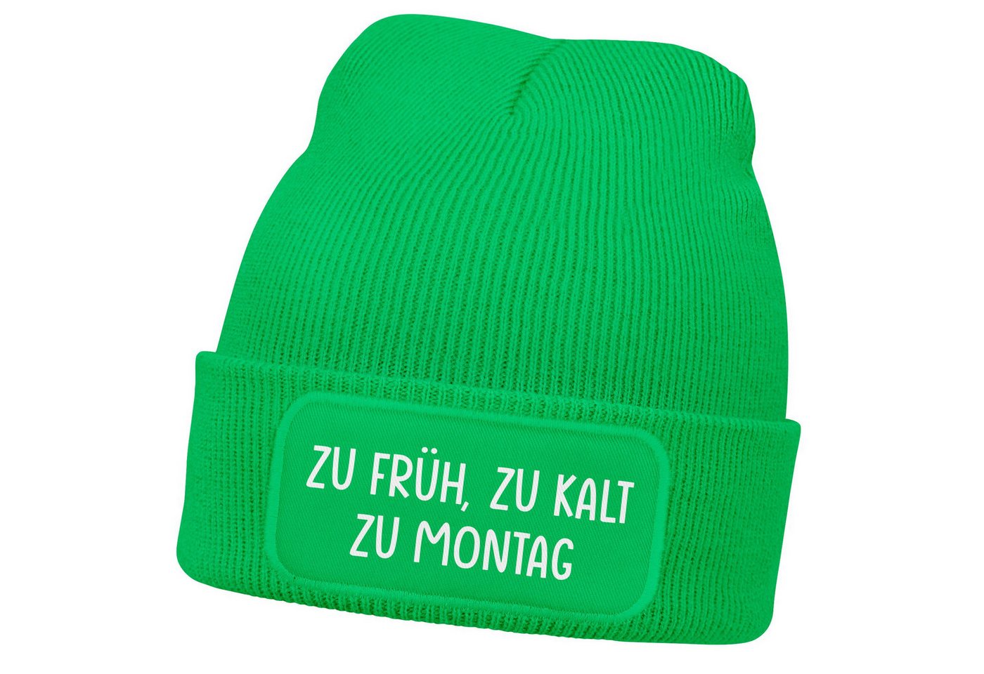 MoonWorks Strickmütze Damen Beanie mit Patch Strickmütze Spruch Früh Kalt Montag Aufdruck von MoonWorks