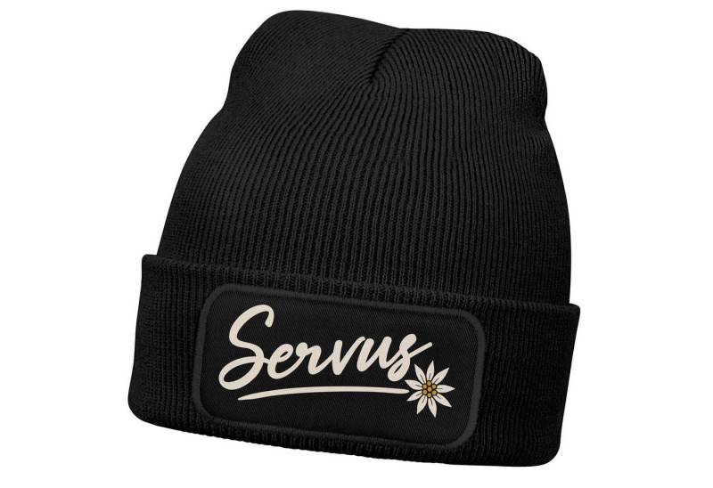 MoonWorks Strickmütze Damen Beanie mit Patch Strickmütze Spruch Servus Mei Dirndl is in da von MoonWorks