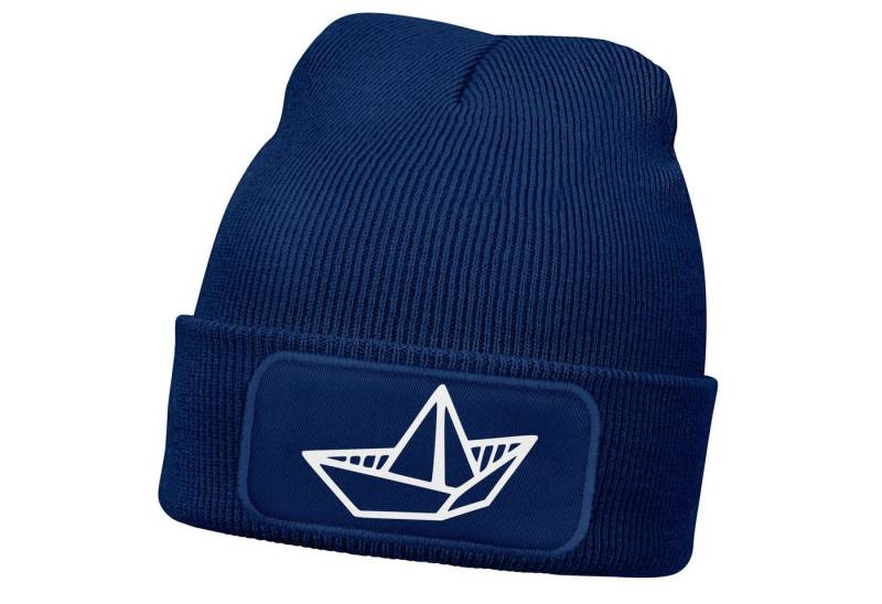 MoonWorks Strickmütze Damen Beanie mit Patch Strickmütze mit Papierboot Design Maritim von MoonWorks