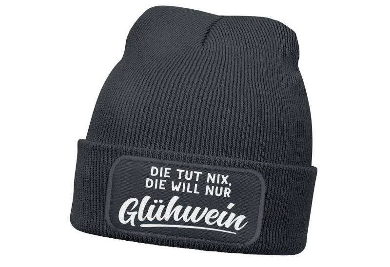 MoonWorks Strickmütze Damen Beanie mit Patch Strickmütze mit Spruch Glühwein Aufdruck von MoonWorks