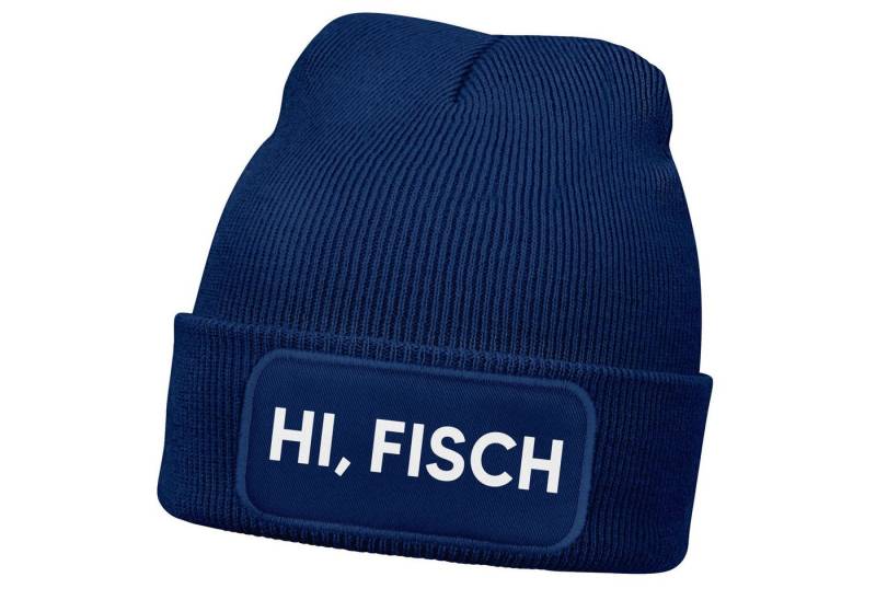 MoonWorks Strickmütze Damen Beanie mit Patch Strickmütze mit Spruch Hi Fisch Aufdruck Hallo von MoonWorks