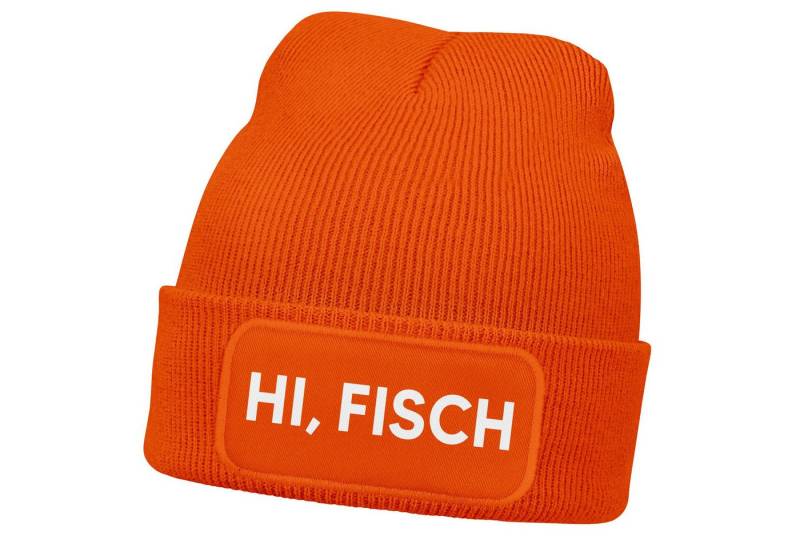 MoonWorks Strickmütze Damen Beanie mit Patch Strickmütze mit Spruch Hi Fisch Aufdruck Hallo von MoonWorks