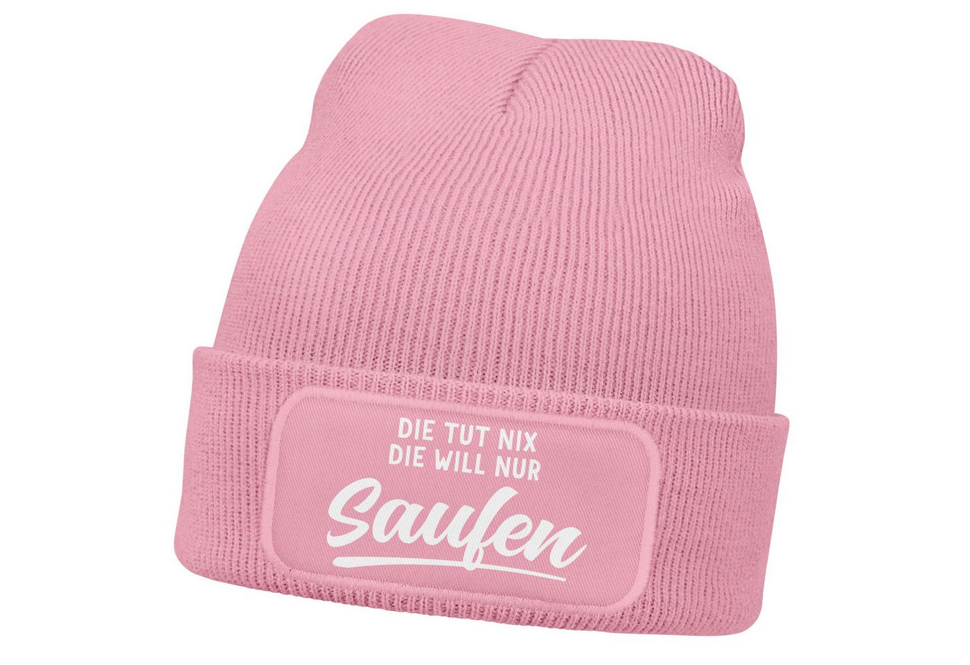 MoonWorks Strickmütze Damen Beanie mit Patch Strickmütze mit Spruch Lieblingsgetränk Party von MoonWorks