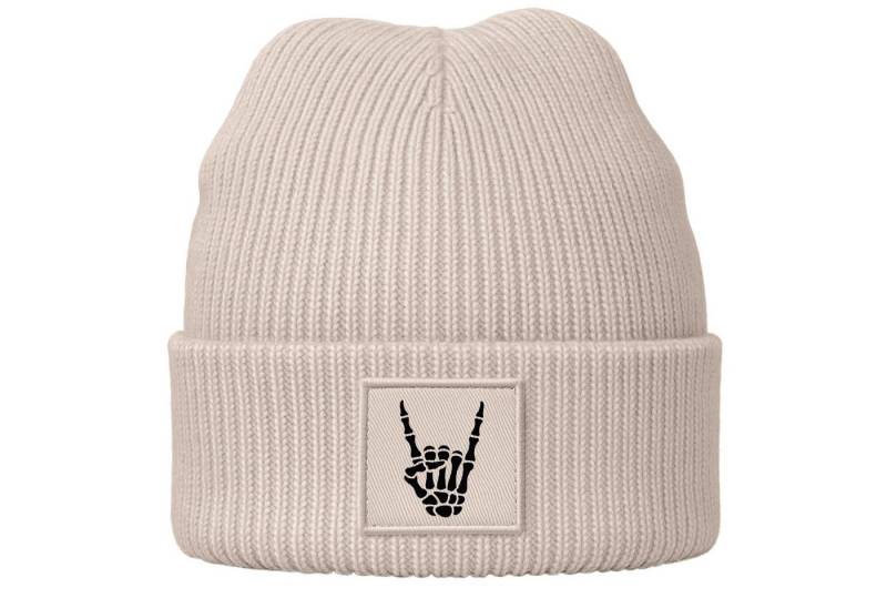 MoonWorks Strickmütze Herren Beanie Patch Aufdruck Skeletthand Metalgruss Strickmütze mit von MoonWorks