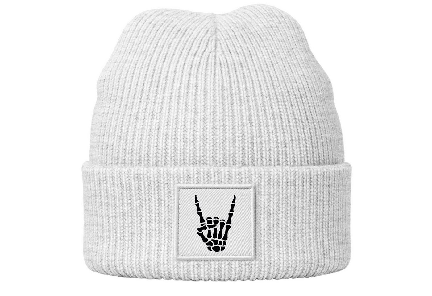MoonWorks Strickmütze Herren Beanie Patch Aufdruck Skeletthand Metalgruss Strickmütze mit von MoonWorks