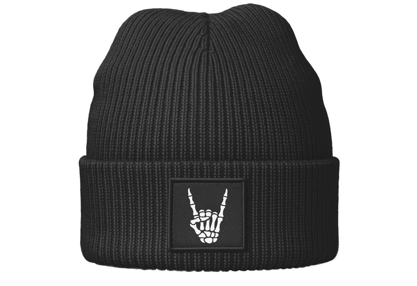 MoonWorks Strickmütze Herren Beanie Patch Aufdruck Skeletthand Metalgruss Strickmütze mit von MoonWorks