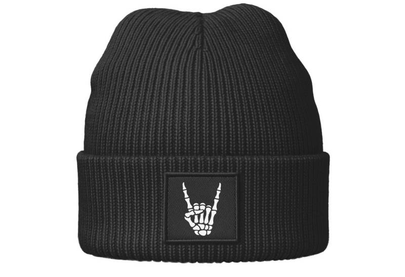 MoonWorks Strickmütze Herren Beanie Patch Aufdruck Skeletthand Metalgruss Strickmütze mit von MoonWorks