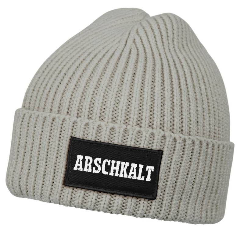 MoonWorks Strickmütze Herren Beanie mit Patch Strickmütze mit Spruch Arschkalt Aufdruck von MoonWorks