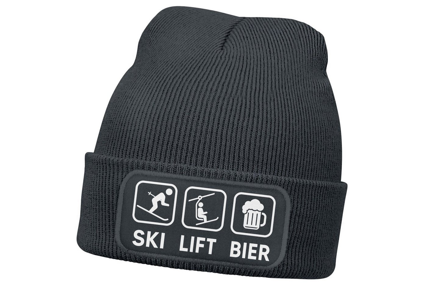 MoonWorks Strickmütze Herren Beanie mit Patch Strickmütze mit Spruch Ski Lift Bier Icon von MoonWorks